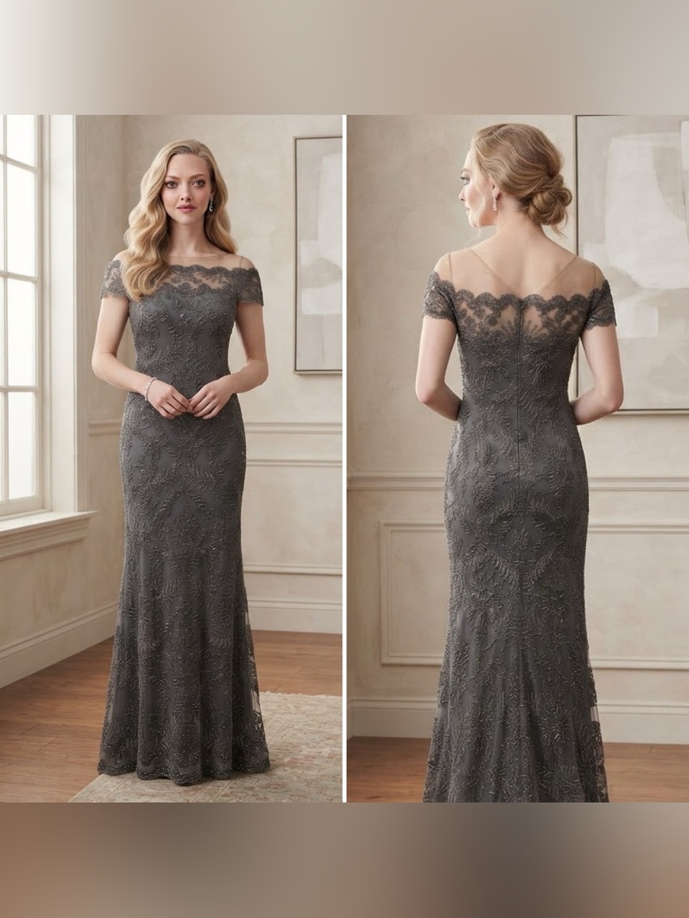 NWT Tadashi Shoji Women’s 4 Embroidered Lace Gray Maura Illusion Dress Gown